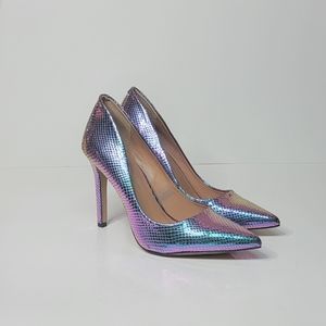 JESSICA SIMPSON Holographic Snakeskin Reflective Cassani Pointed Toe Stilettos